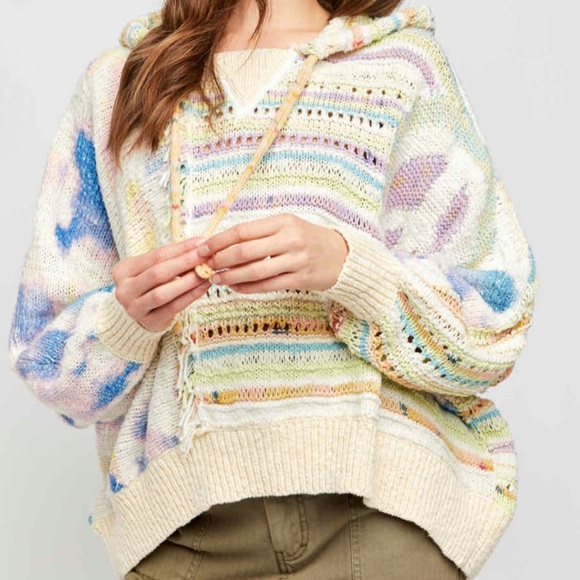 Free People Flower Child Multi Color Peace Sign Hoodie Oversized Sweater Large - Picture 3 of 11